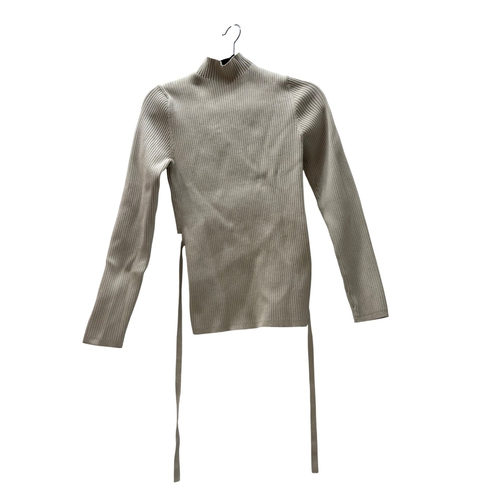 Babaton Ribbed Mock Neck Open Back Tie Sweater Beige Medium
